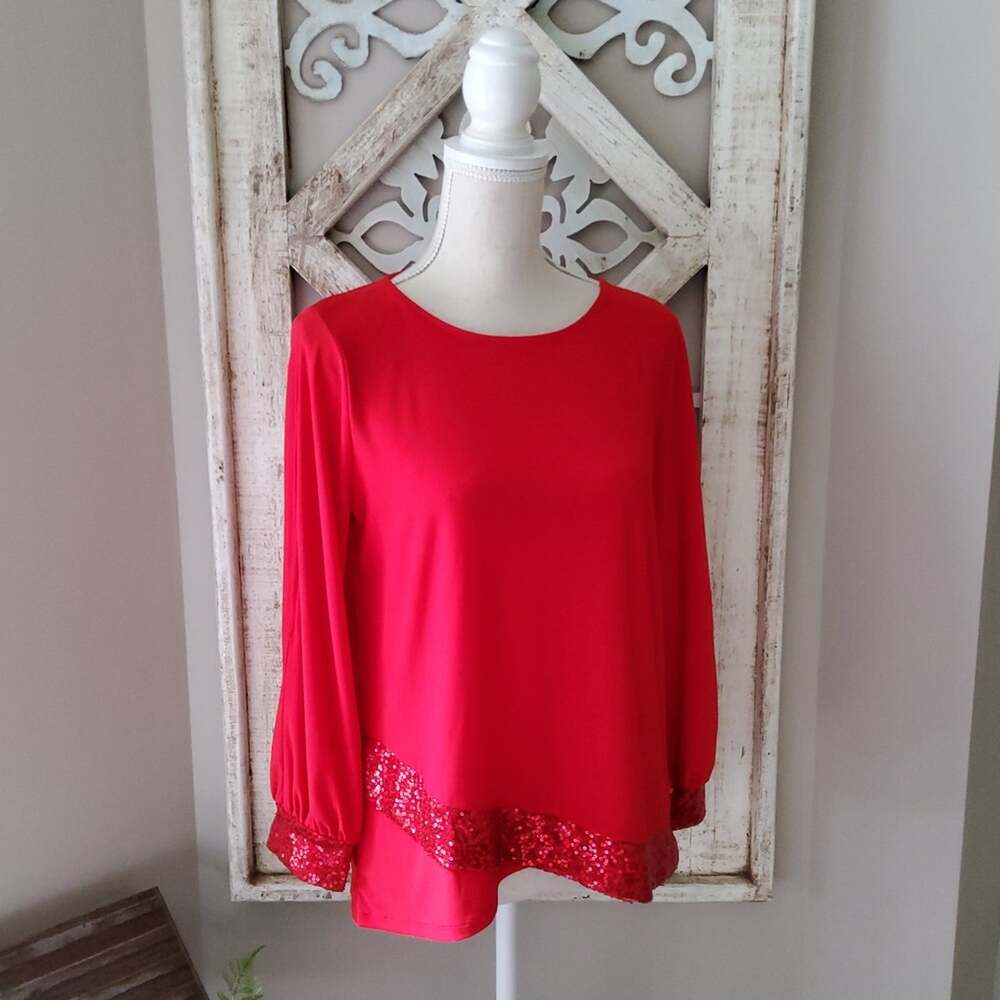 NY Collection Women's Knit Top with Slit Sleeves and Sequin Hem Cuffs in Red
